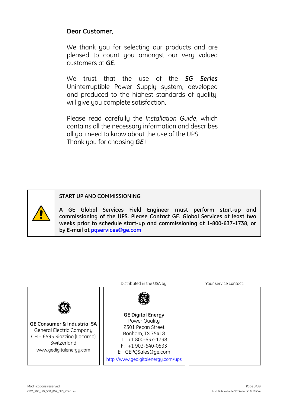 GE Industrial Solutions SG Series 50 & 80 kVA Installation Guide User Manual | Page 3 / 38