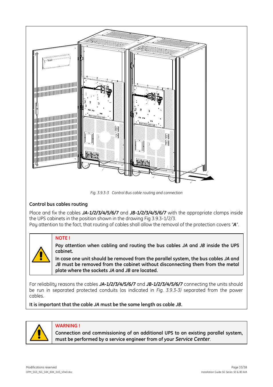 Ups 1, Ups 2, Service center | Unit 3, 4, 5, next parallel, Control bus cables routing | GE Industrial Solutions SG Series 50 & 80 kVA Installation Guide User Manual | Page 33 / 38