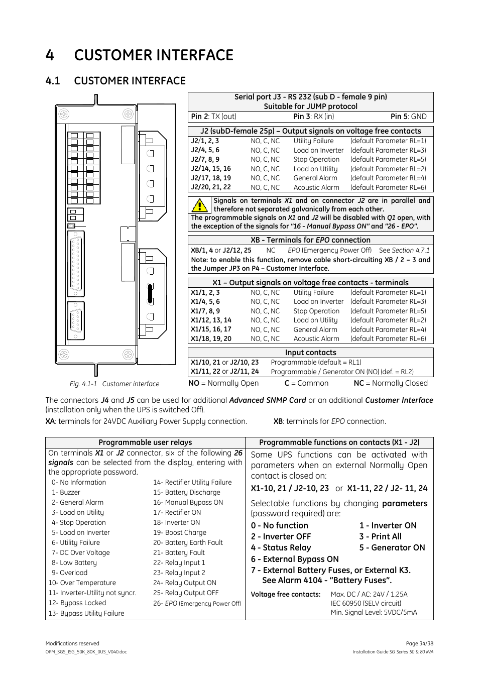 4 customer interface, 1 customer interface, Customer interface | X1 j2 j3 | GE Industrial Solutions SG Series 50 & 80 kVA Installation Guide User Manual | Page 34 / 38