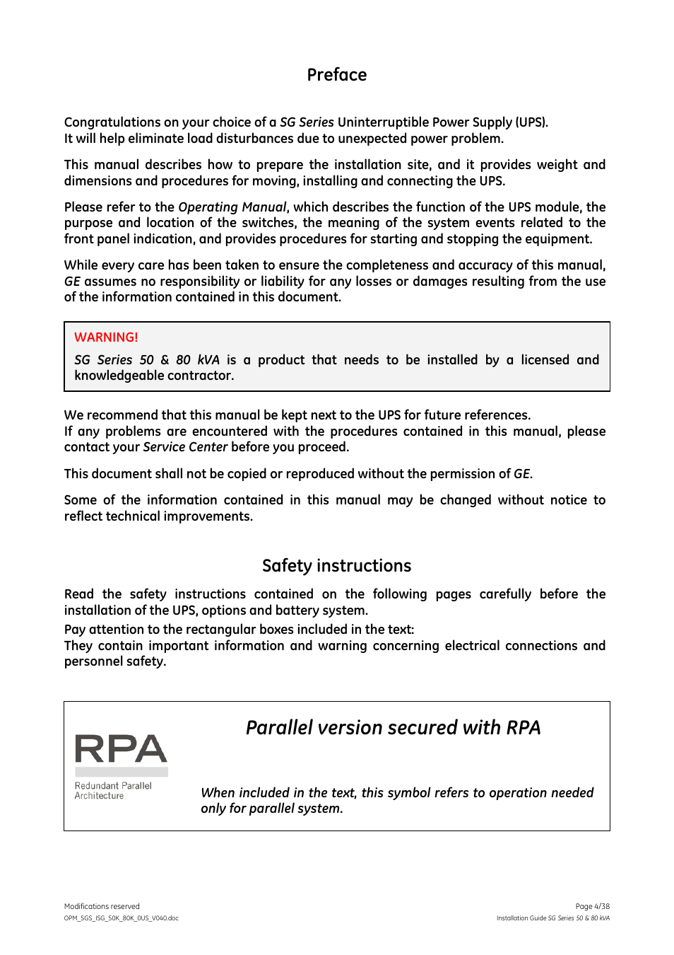 Parallel version secured with rpa, Preface, Safety instructions | GE Industrial Solutions SG Series 50 & 80 kVA Installation Guide User Manual | Page 4 / 38