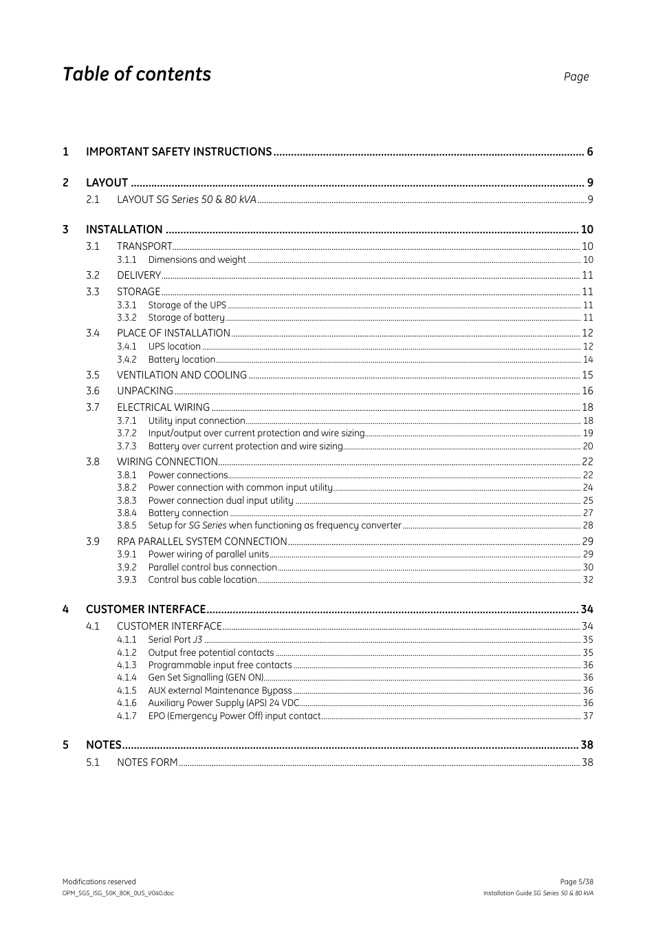 GE Industrial Solutions SG Series 50 & 80 kVA Installation Guide User Manual | Page 5 / 38
