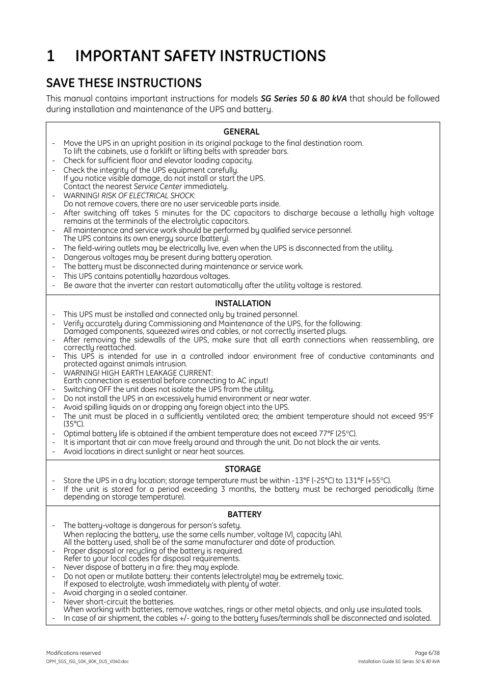 Important safety instructions, 1 important safety instructions, Save these instructions | GE Industrial Solutions SG Series 50 & 80 kVA Installation Guide User Manual | Page 6 / 38
