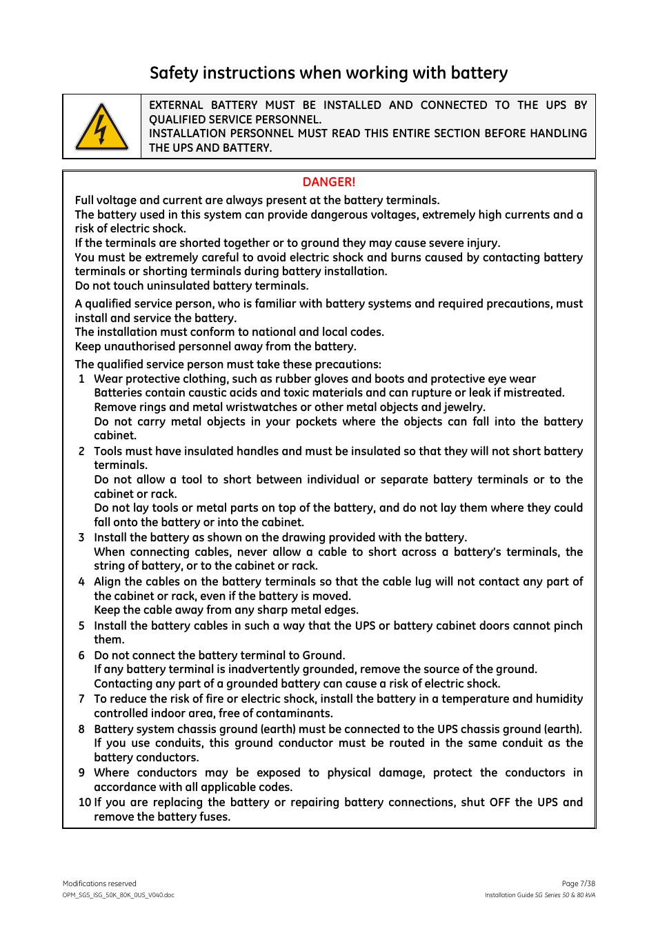 Safety instructions when working with battery, Danger | GE Industrial Solutions SG Series 50 & 80 kVA Installation Guide User Manual | Page 7 / 38