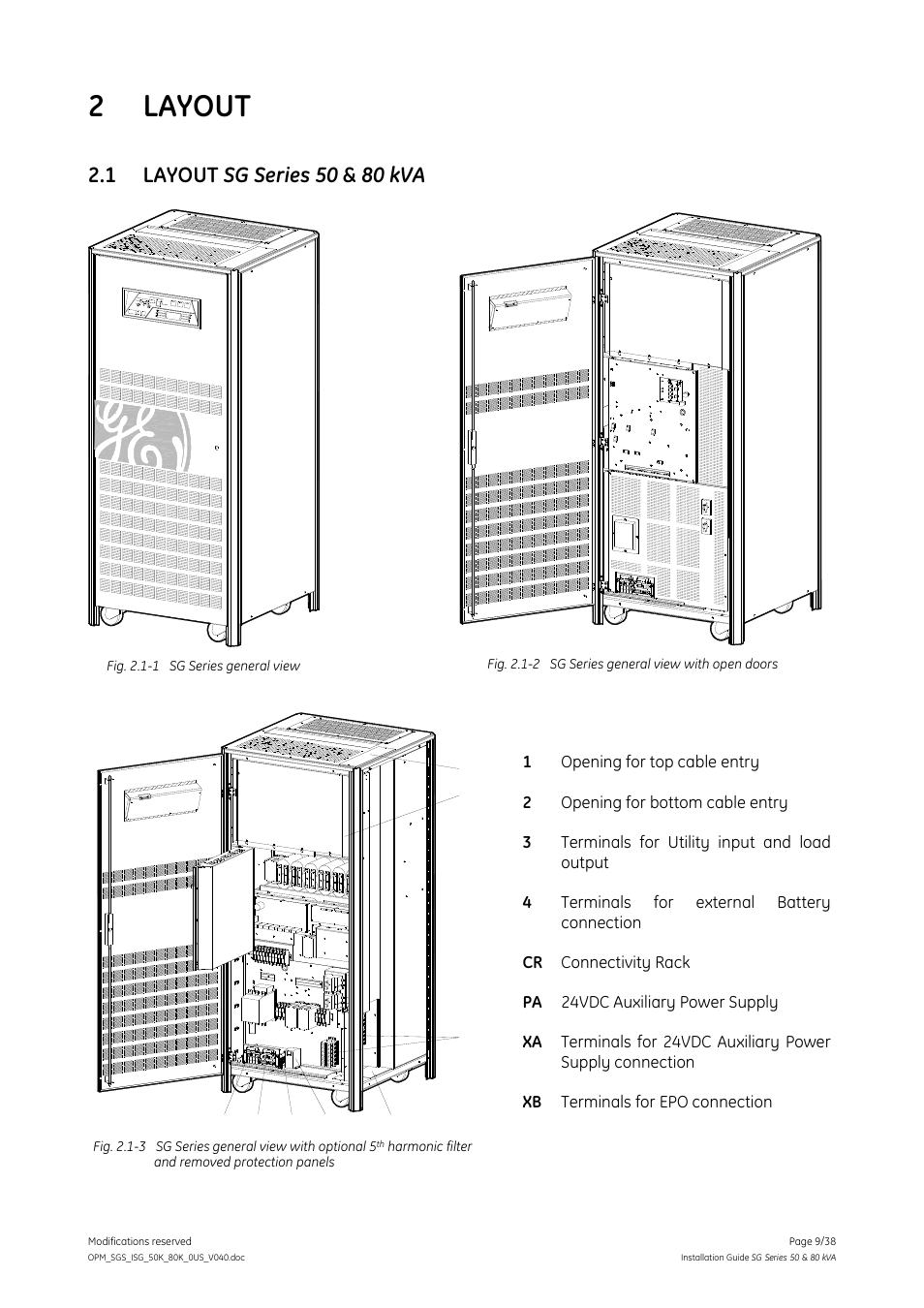 2 layout, 1 layout sg series 50 & 80 kva, Layout | Layout sg series 50 & 80 kva | GE Industrial Solutions SG Series 50 & 80 kVA Installation Guide User Manual | Page 9 / 38