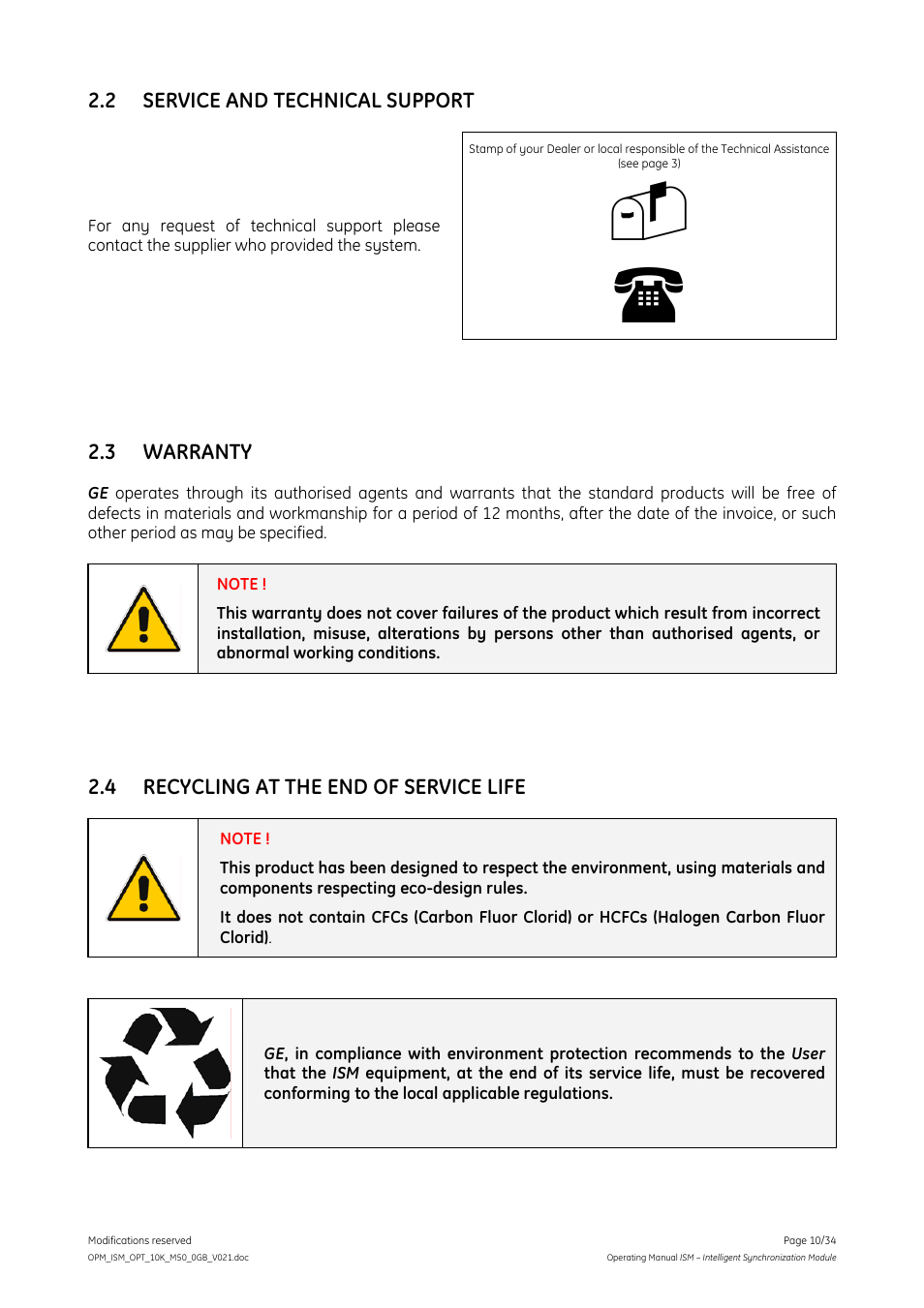 2 service and technical support, 3 warranty, 4 recycling at the end of service life | GE Industrial Solutions ISM User Manual | Page 10 / 34