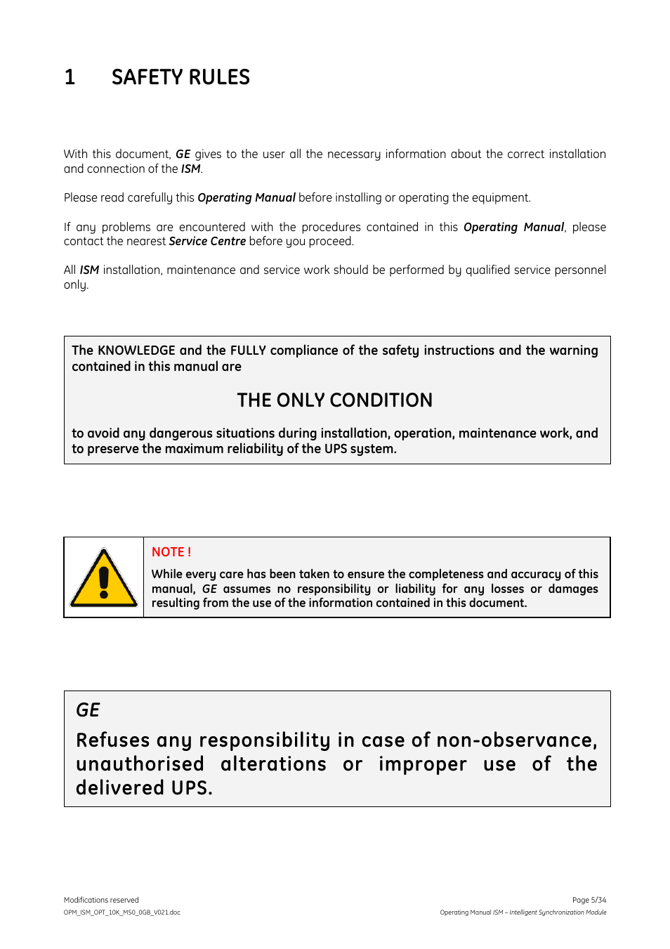 1 safety rules, The only condition | GE Industrial Solutions ISM User Manual | Page 5 / 34