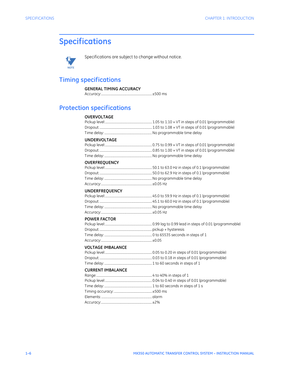 Specifications, Timing specifications, Protection specifications | Specifications - 6 | GE Industrial Solutions MX350 Instruction manual User Manual | Page 10 / 114