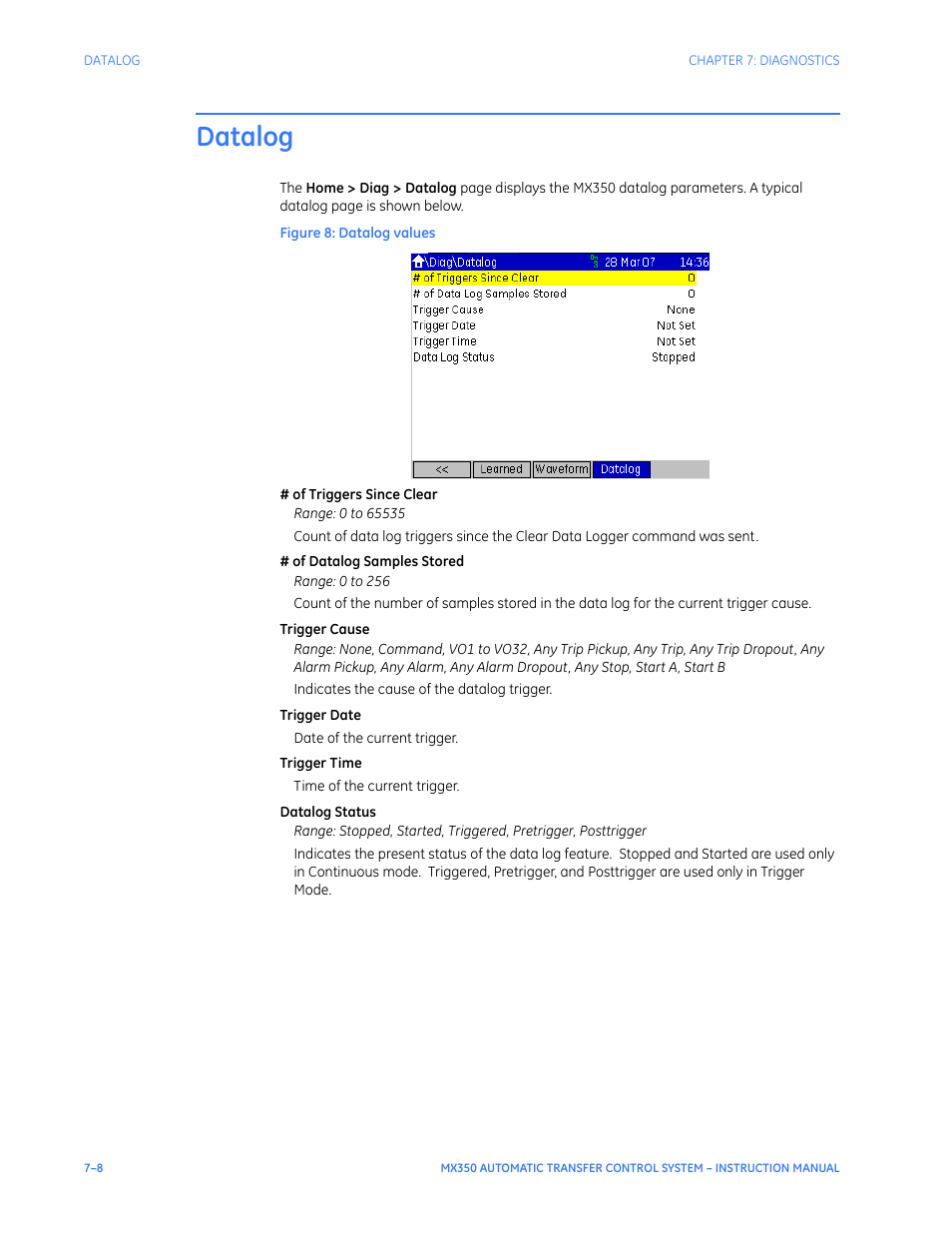 Datalog, Datalog - 8 | GE Industrial Solutions MX350 Instruction manual User Manual | Page 108 / 114
