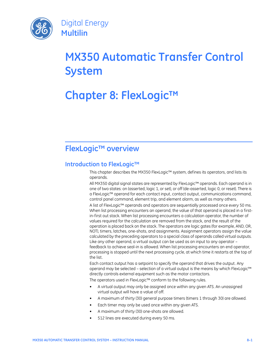 Flexlogic, Flexlogic™ overview, Introduction to flexlogic | Flexlogic™ overview - 1, Introduction to flexlogic™ - 1, Digital energy multilin | GE Industrial Solutions MX350 Instruction manual User Manual | Page 109 / 114