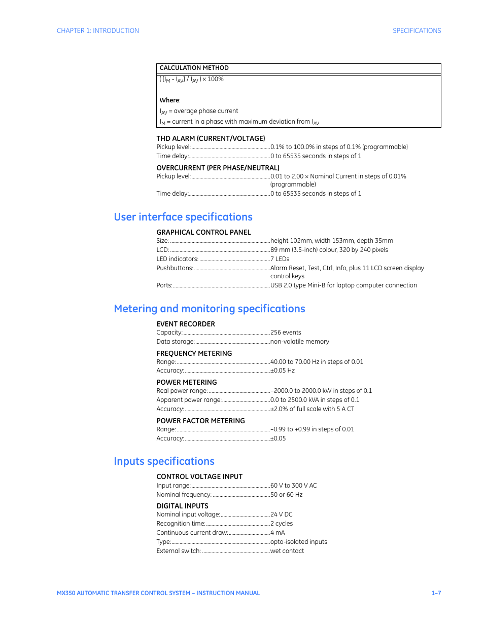 User interface specifications, Metering and monitoring specifications, Inputs specifications | GE Industrial Solutions MX350 Instruction manual User Manual | Page 11 / 114
