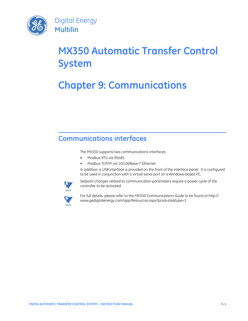 Communications, Communications interfaces, Communications interfaces - 1 | Digital energy multilin | GE Industrial Solutions MX350 Instruction manual User Manual | Page 113 / 114