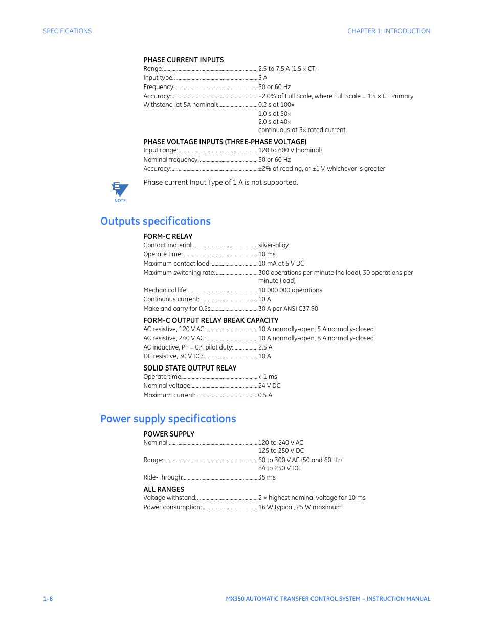 Outputs specifications, Power supply specifications | GE Industrial Solutions MX350 Instruction manual User Manual | Page 12 / 114