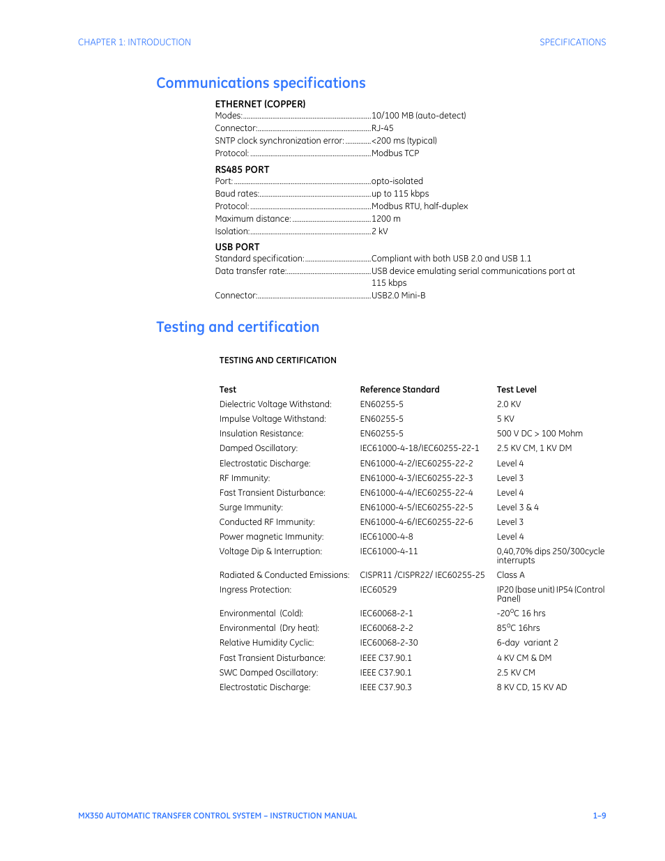 Communications specifications, Testing and certification | GE Industrial Solutions MX350 Instruction manual User Manual | Page 13 / 114