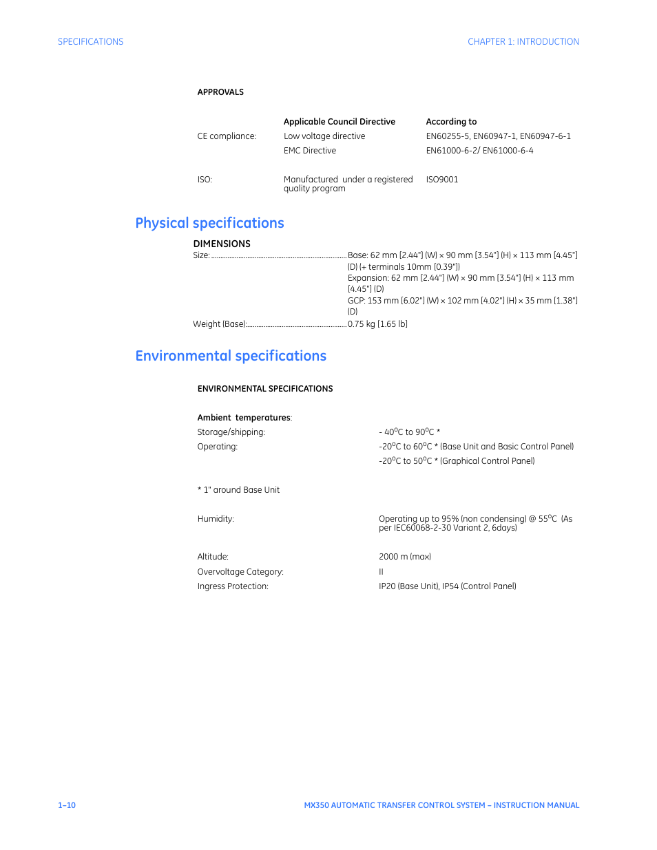 Physical specifications, Environmental specifications | GE Industrial Solutions MX350 Instruction manual User Manual | Page 14 / 114