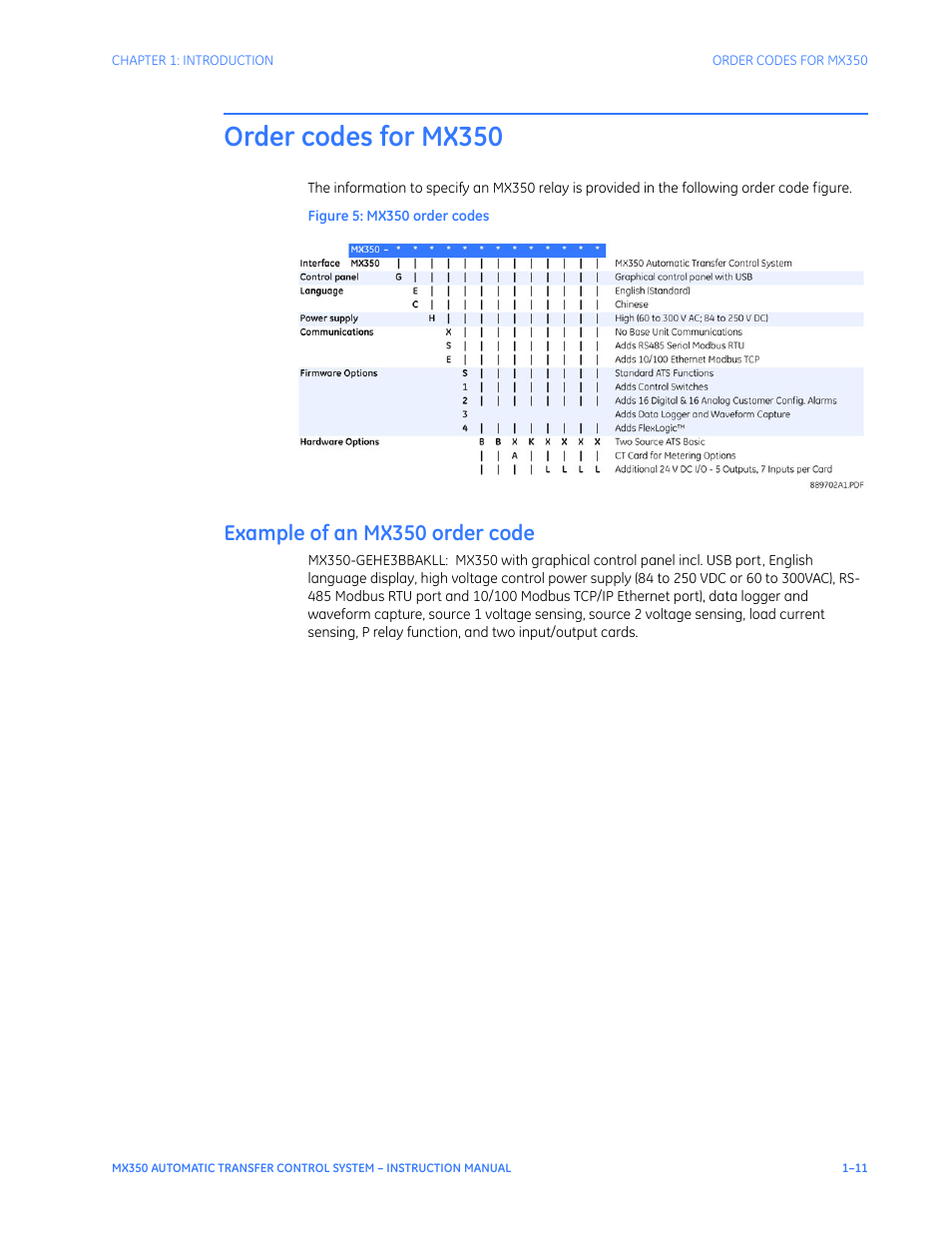 Order codes for mx350, Example of an mx350 order code, Order codes for mx350 - 11 | Example of an mx350 order code - 11 | GE Industrial Solutions MX350 Instruction manual User Manual | Page 15 / 114