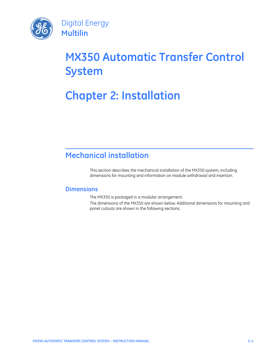 Installation, Mechanical installation, Dimensions | Mechanical installation - 1, Dimensions - 1, Digital energy multilin | GE Industrial Solutions MX350 Instruction manual User Manual | Page 17 / 114