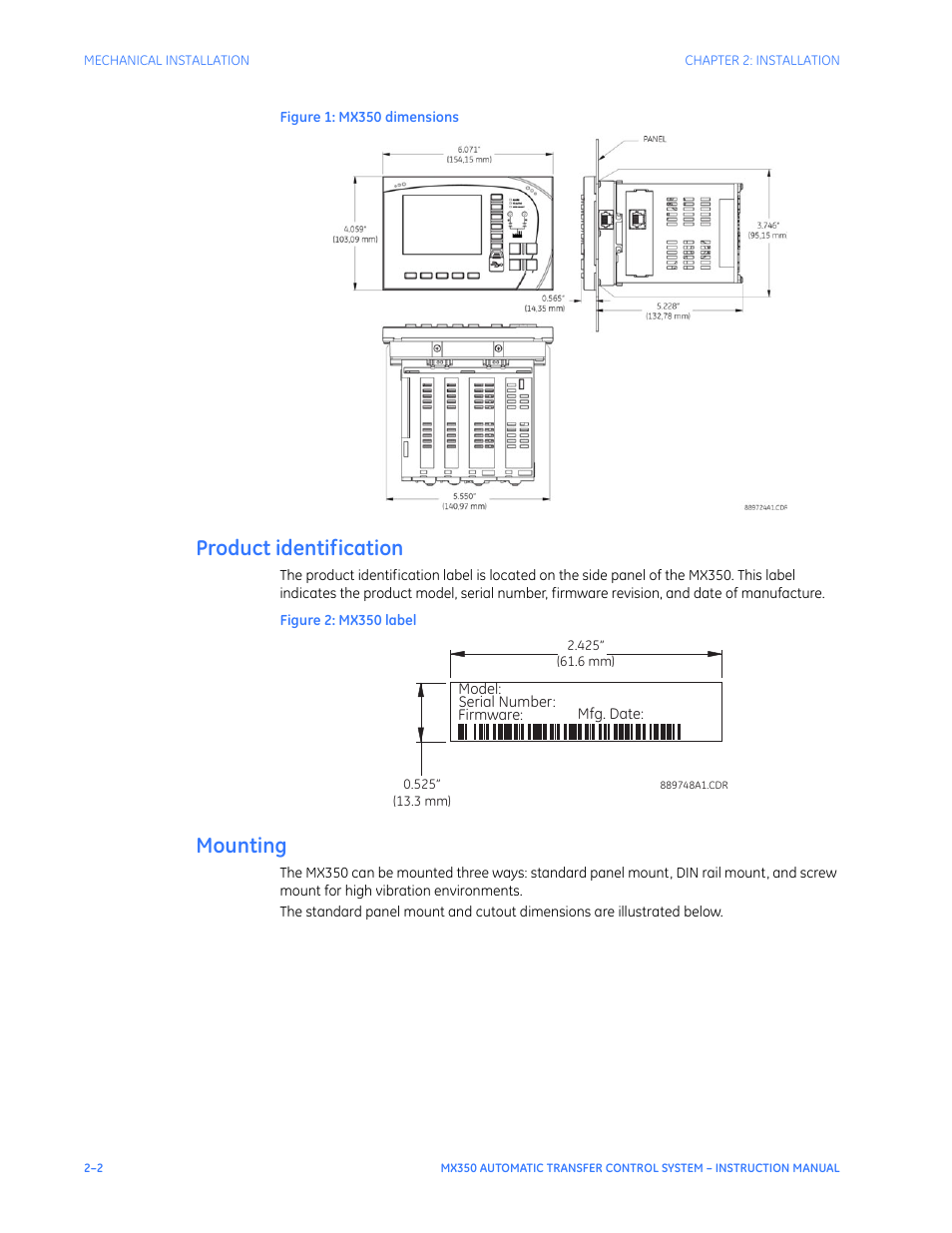 Product identification, Mounting, Product identification - 2 mounting - 2 | GE Industrial Solutions MX350 Instruction manual User Manual | Page 18 / 114