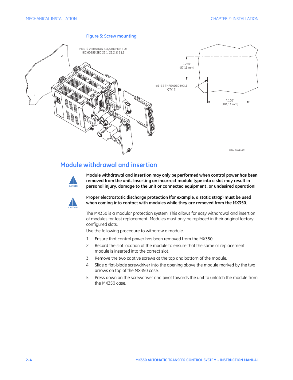 Module withdrawal and insertion, Module withdrawal and insertion - 4 | GE Industrial Solutions MX350 Instruction manual User Manual | Page 20 / 114