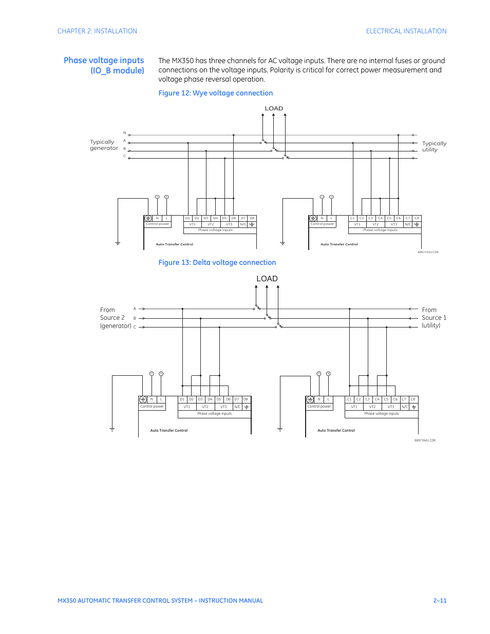Phase voltage inputs (io_b module), Load, Chapter 2: installation electrical installation | GE Industrial Solutions MX350 Instruction manual User Manual | Page 27 / 114