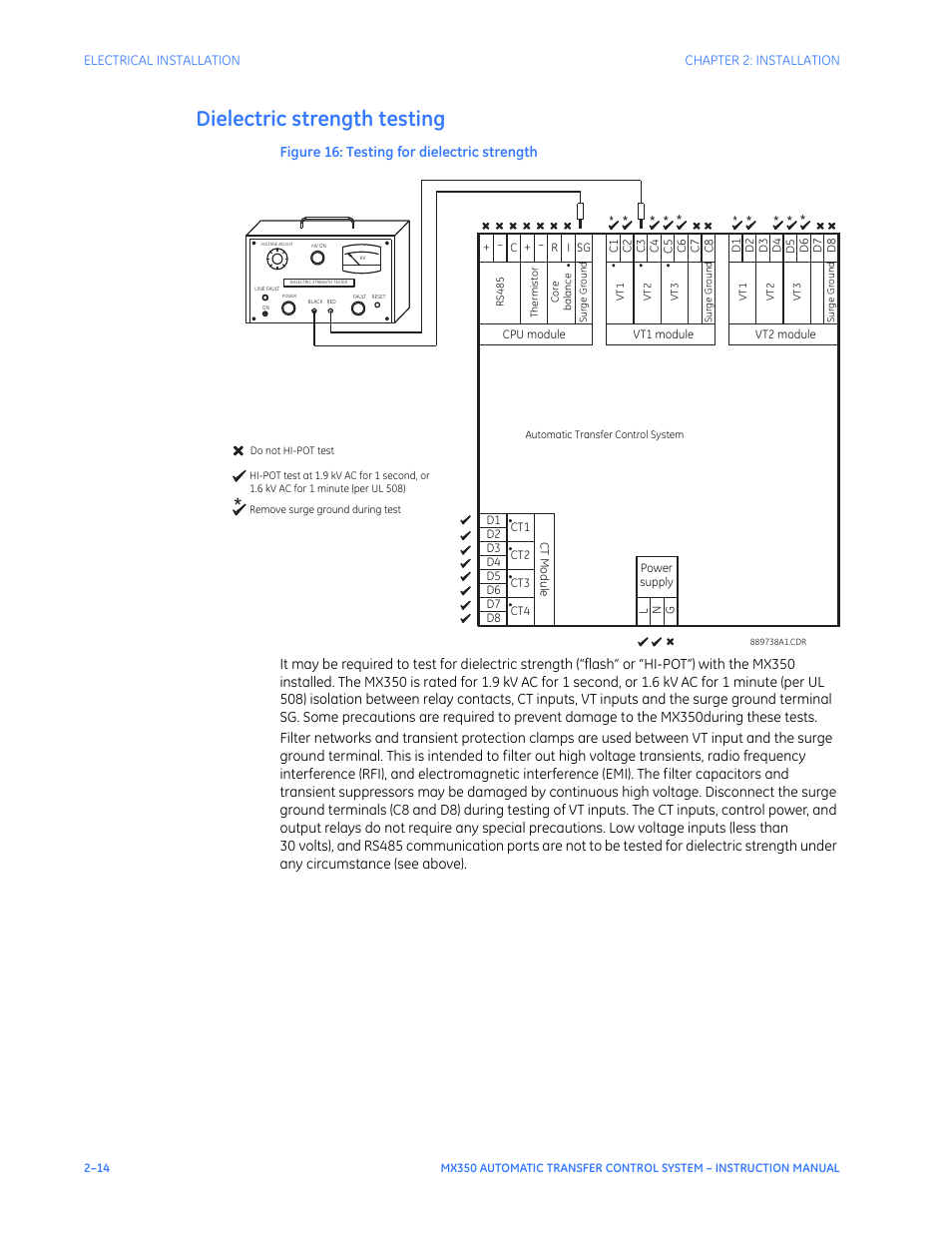 Dielectric strength testing, Dielectric strength testing - 14 | GE Industrial Solutions MX350 Instruction manual User Manual | Page 30 / 114