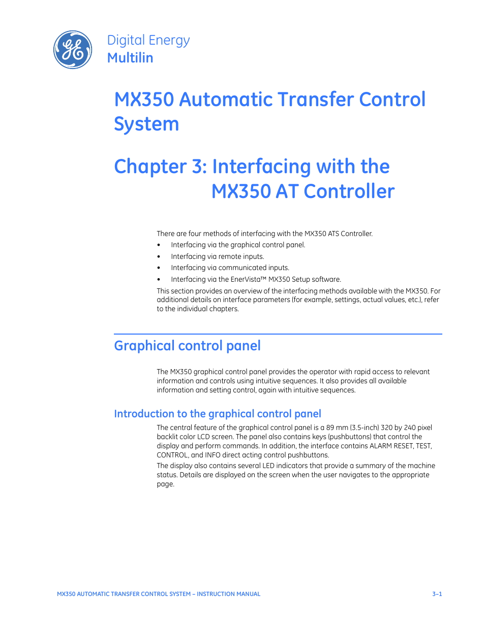 Interfacing with the mx350 at controller, Graphical control panel, Introduction to the graphical control panel | Interfacing with, The mx350 at, Controller, Graphical control panel - 1, Introduction to the graphical control panel - 1, Digital energy multilin | GE Industrial Solutions MX350 Instruction manual User Manual | Page 31 / 114