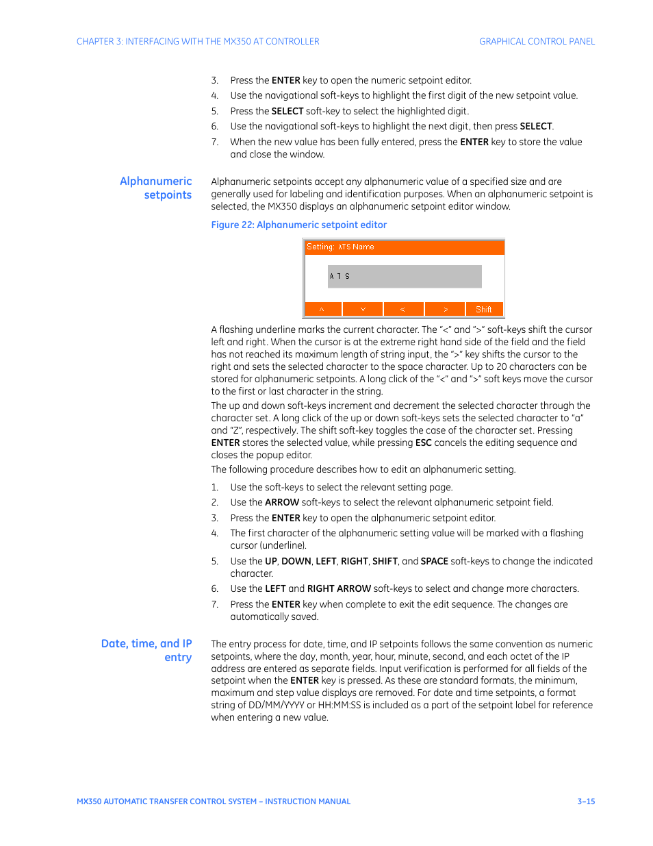 Alphanumeric setpoints, Date, time, and ip entry | GE Industrial Solutions MX350 Instruction manual User Manual | Page 45 / 114