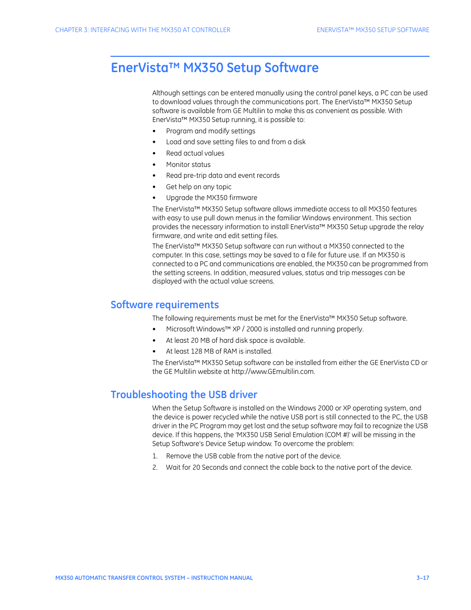 Enervista™ mx350 setup software, Software requirements, Troubleshooting the usb driver | Enervista™ mx350 setup software - 17 | GE Industrial Solutions MX350 Instruction manual User Manual | Page 47 / 114