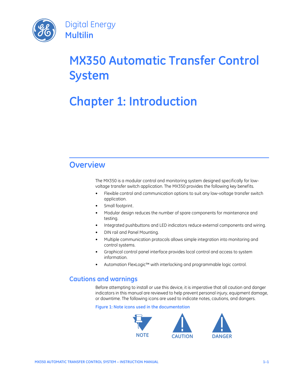 Introduction, Overview, Cautions and warnings | Overview - 1, Cautions and warnings - 1, Digital energy multilin | GE Industrial Solutions MX350 Instruction manual User Manual | Page 5 / 114