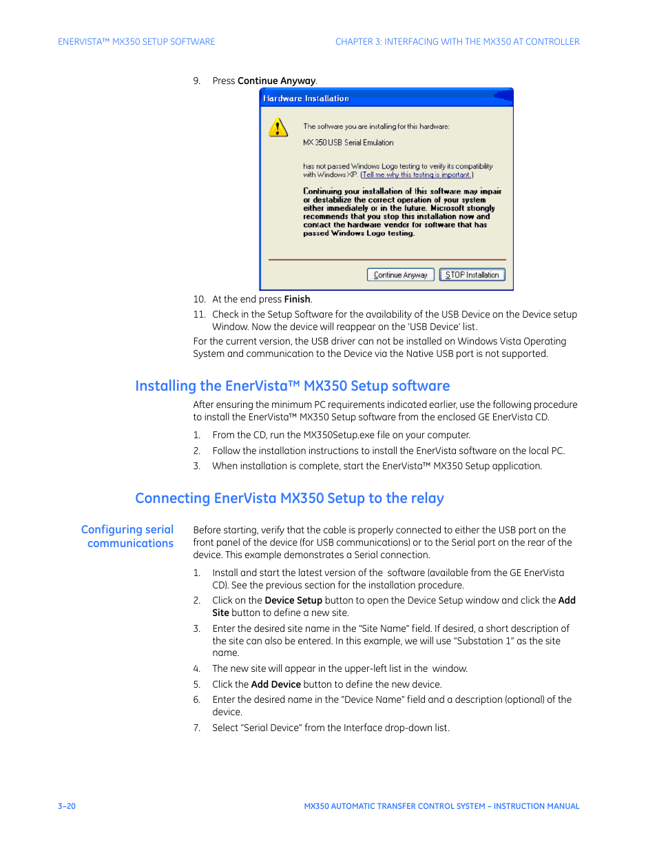 Installing the enervista™ mx350 setup software, Connecting enervista mx350 setup to the relay, Configuring serial communications | GE Industrial Solutions MX350 Instruction manual User Manual | Page 50 / 114