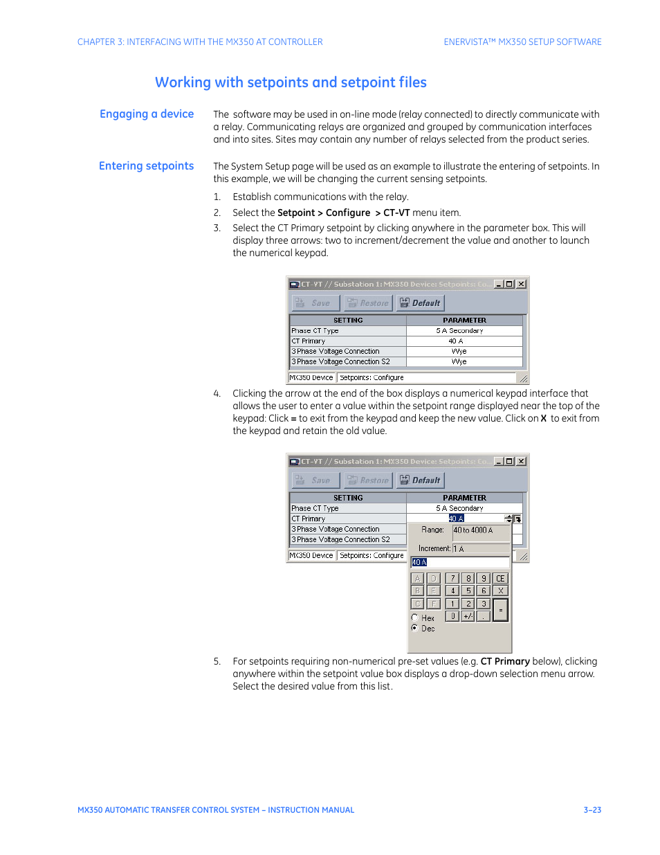 Working with setpoints and setpoint files, Engaging a device, Entering setpoints | Working with setpoints and setpoint files - 23 | GE Industrial Solutions MX350 Instruction manual User Manual | Page 53 / 114