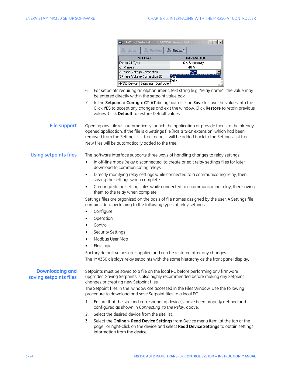 File support, Using setpoints files, Downloading and saving setpoints files | GE Industrial Solutions MX350 Instruction manual User Manual | Page 54 / 114