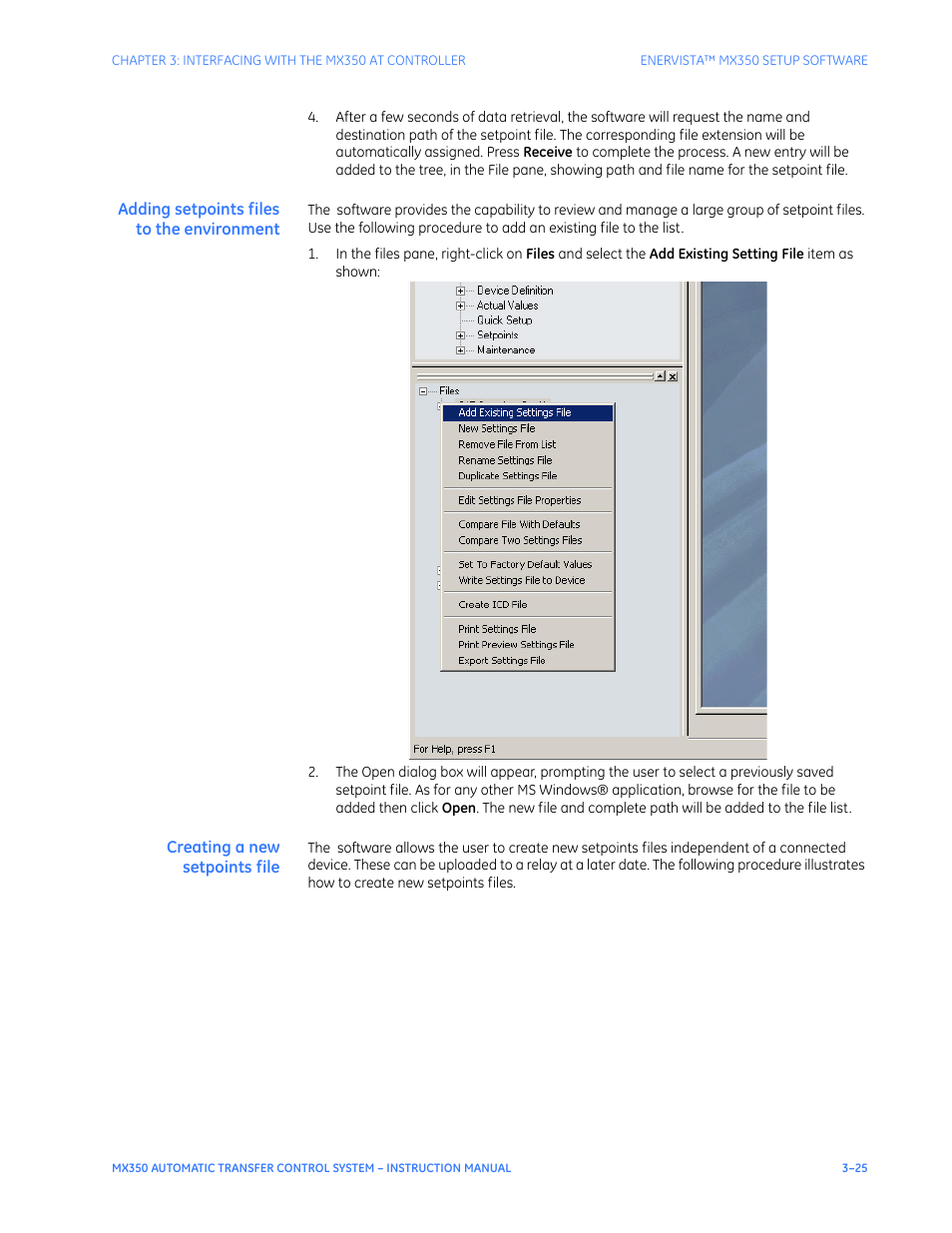 Adding setpoints files to the environment, Creating a new setpoints file | GE Industrial Solutions MX350 Instruction manual User Manual | Page 55 / 114