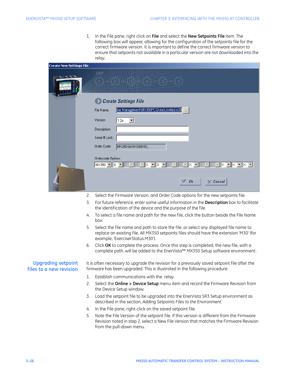 Upgrading setpoint files to a new revision | GE Industrial Solutions MX350 Instruction manual User Manual | Page 56 / 114