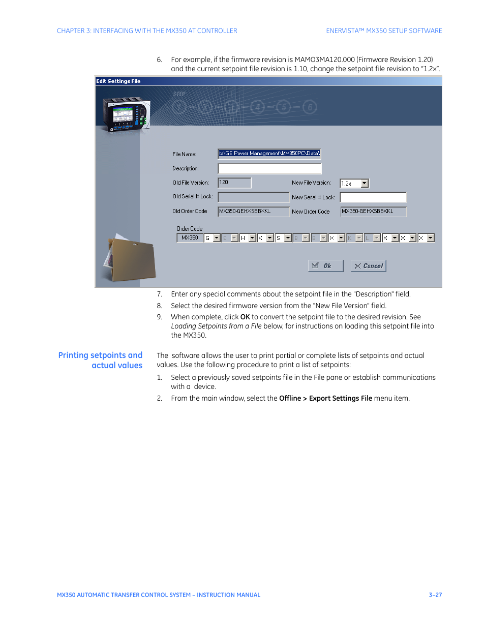 Printing setpoints and actual values | GE Industrial Solutions MX350 Instruction manual User Manual | Page 57 / 114