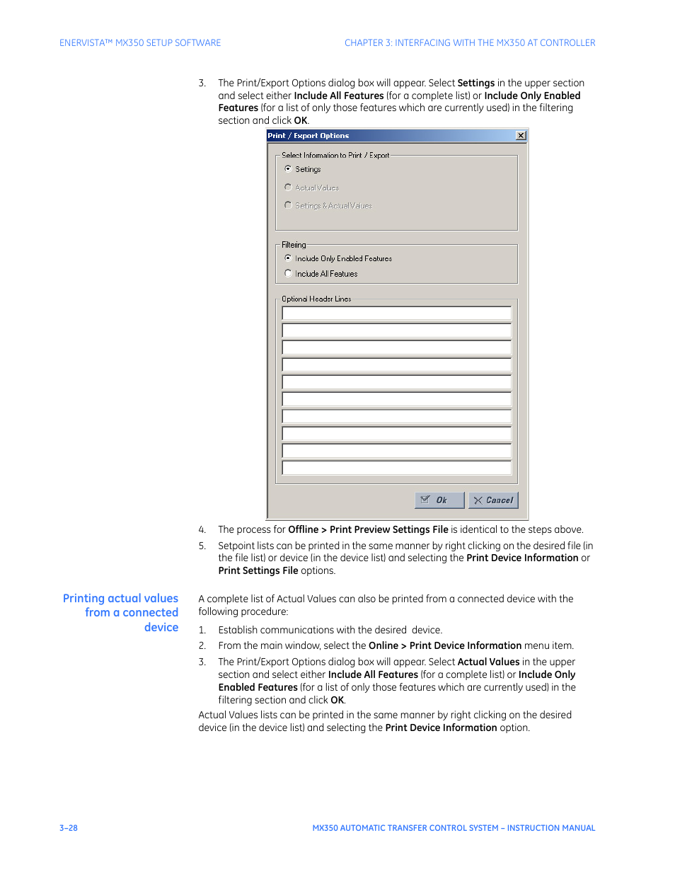 Printing actual values from a connected device | GE Industrial Solutions MX350 Instruction manual User Manual | Page 58 / 114