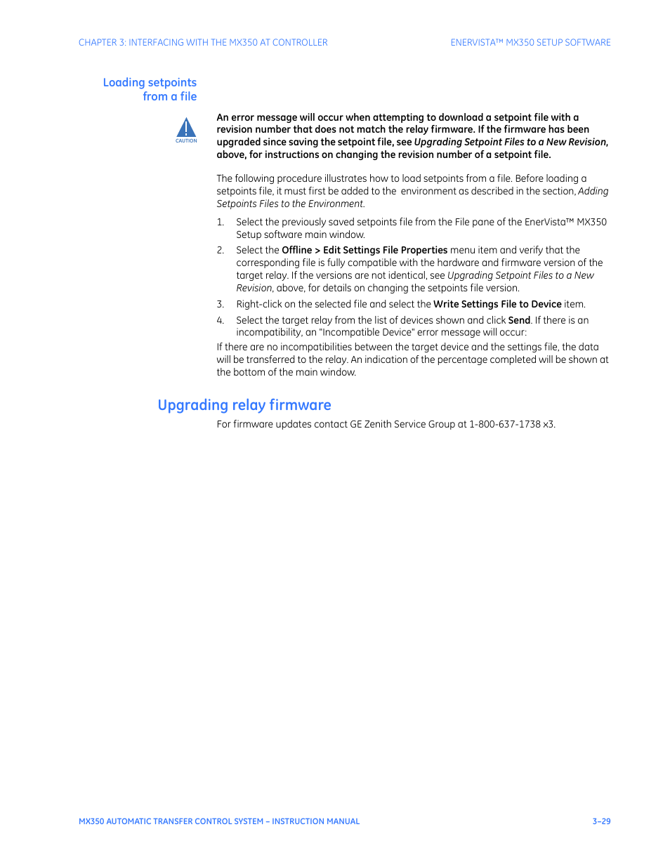 Loading setpoints from a file, Upgrading relay firmware, Upgrading relay firmware - 29 | GE Industrial Solutions MX350 Instruction manual User Manual | Page 59 / 114