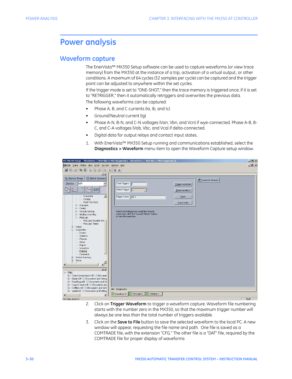 Power analysis, Waveform capture, Power analysis - 30 | Waveform capture - 30 | GE Industrial Solutions MX350 Instruction manual User Manual | Page 60 / 114