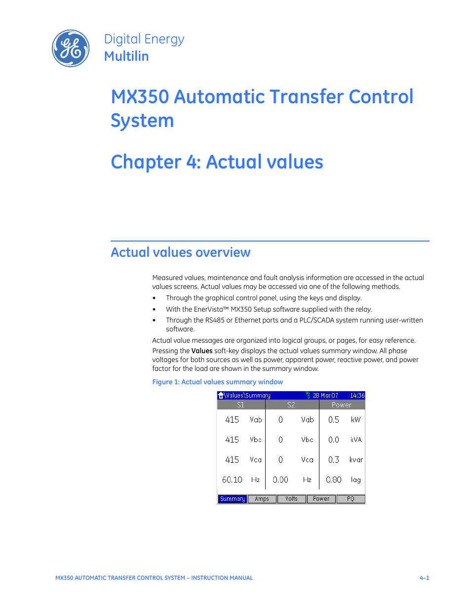 Actual values, Actual values overview, Actual values overview - 1 | Digital energy multilin | GE Industrial Solutions MX350 Instruction manual User Manual | Page 69 / 114