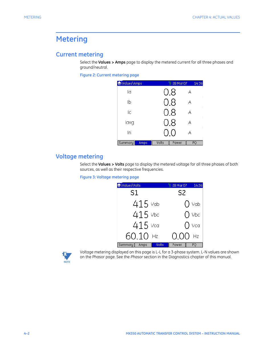 Metering, Current metering, Voltage metering | Metering - 2, Current metering - 2 voltage metering - 2 | GE Industrial Solutions MX350 Instruction manual User Manual | Page 70 / 114