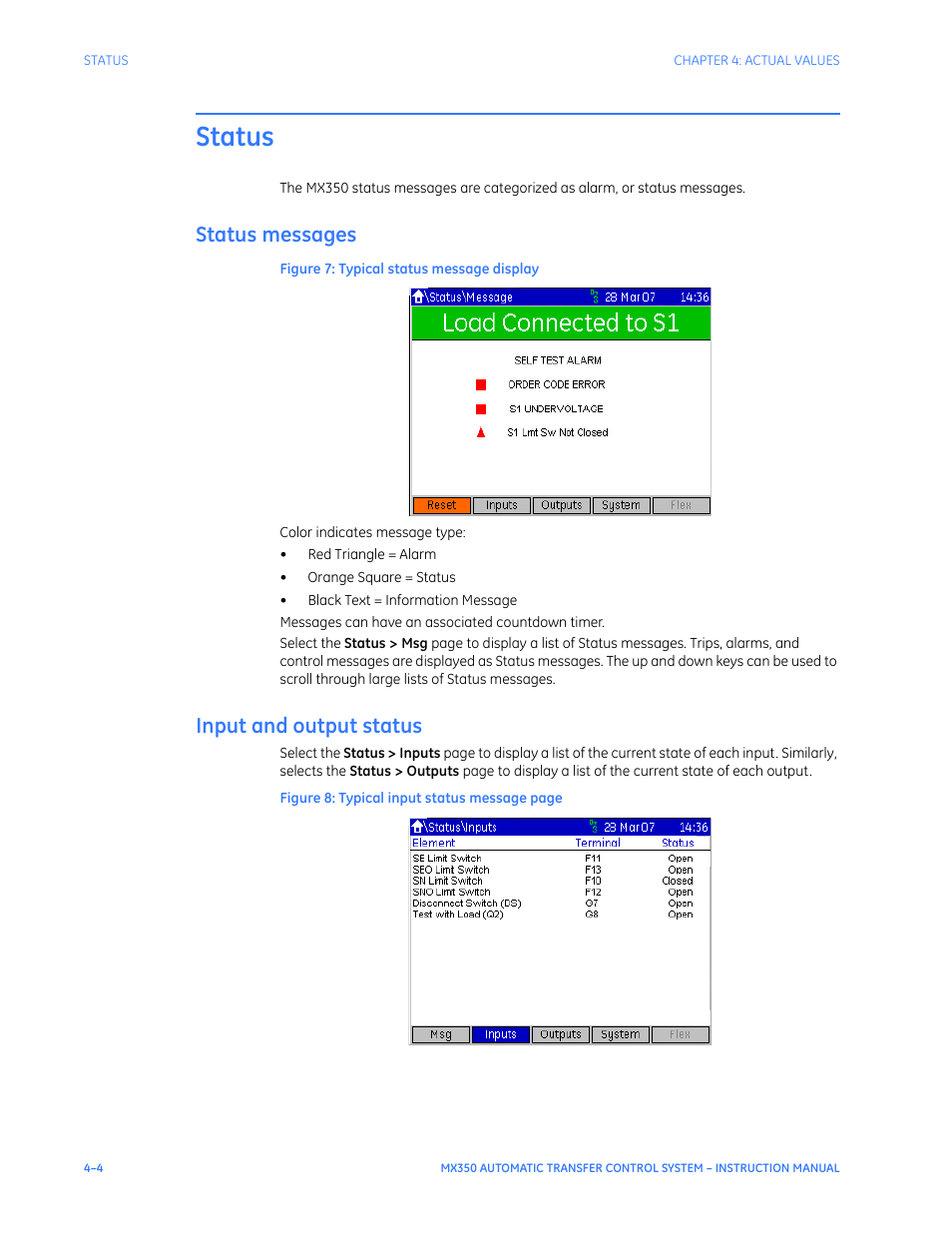 Status, Status messages, Input and output status | Status - 4, Status messages - 4 input and output status - 4 | GE Industrial Solutions MX350 Instruction manual User Manual | Page 72 / 114