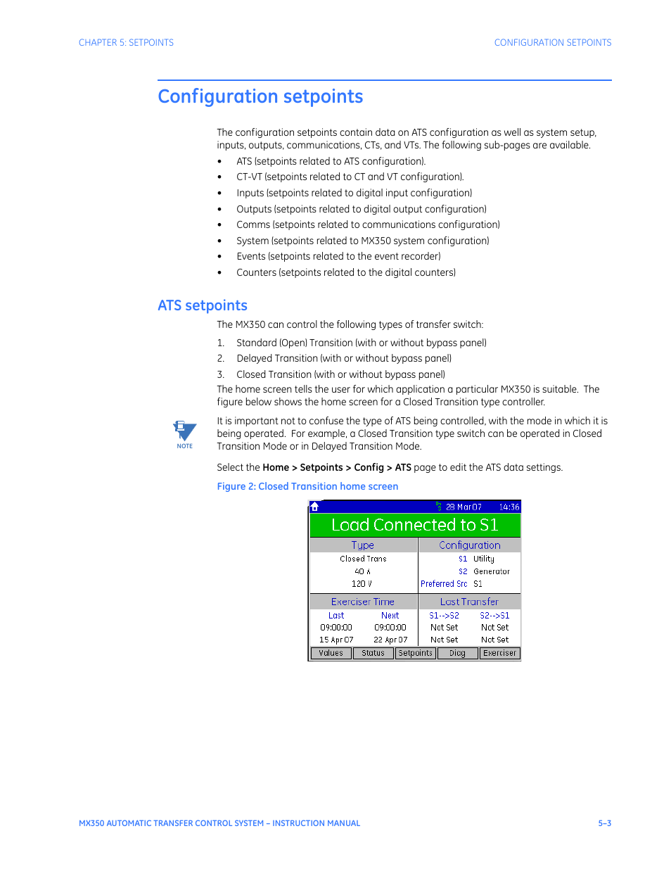 Configuration setpoints, Ats setpoints, Configuration setpoints - 3 | Ats setpoints - 3 | GE Industrial Solutions MX350 Instruction manual User Manual | Page 77 / 114