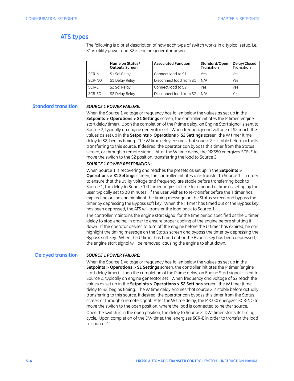 Ats types, Standard transition, Delayed transition | Ats types - 4 | GE Industrial Solutions MX350 Instruction manual User Manual | Page 78 / 114