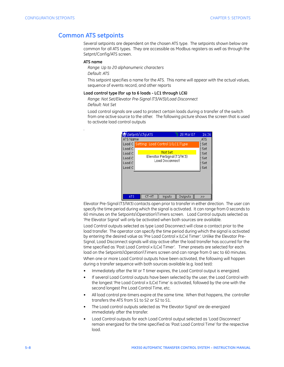 Common ats setpoints, Common ats setpoints - 8 | GE Industrial Solutions MX350 Instruction manual User Manual | Page 82 / 114