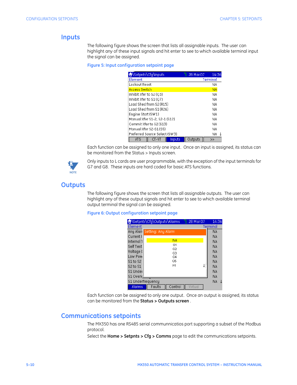 Inputs, Outputs, Communications setpoints | GE Industrial Solutions MX350 Instruction manual User Manual | Page 84 / 114