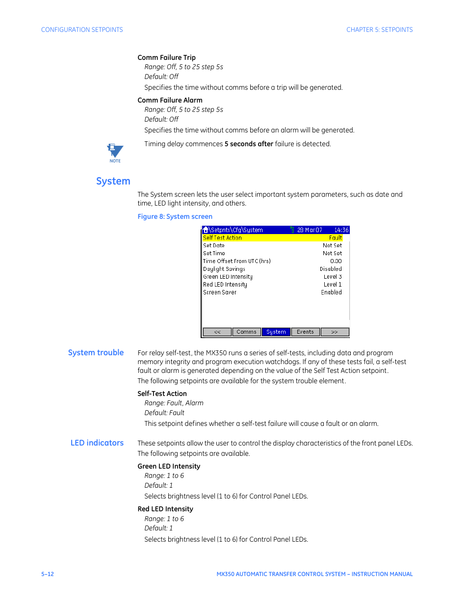 System, System trouble, Led indicators | System - 12 | GE Industrial Solutions MX350 Instruction manual User Manual | Page 86 / 114