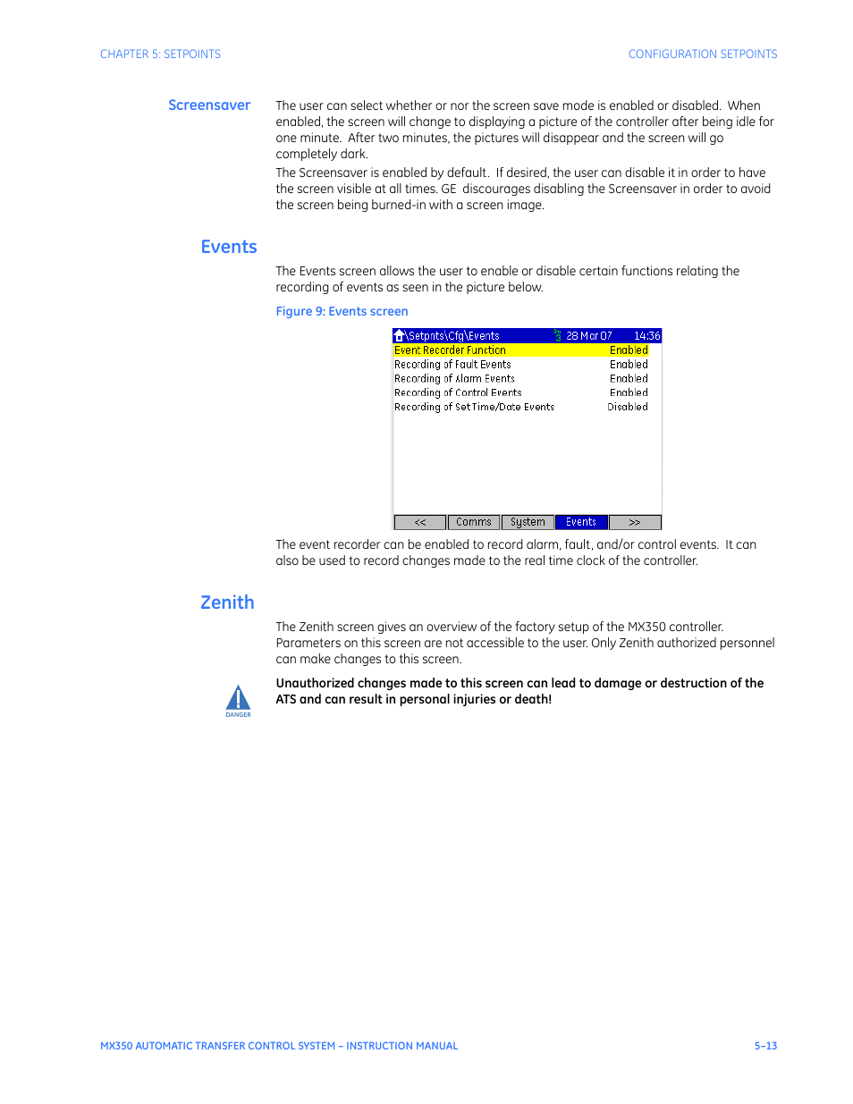 Screensaver, Events, Zenith | Events - 13 zenith - 13 | GE Industrial Solutions MX350 Instruction manual User Manual | Page 87 / 114