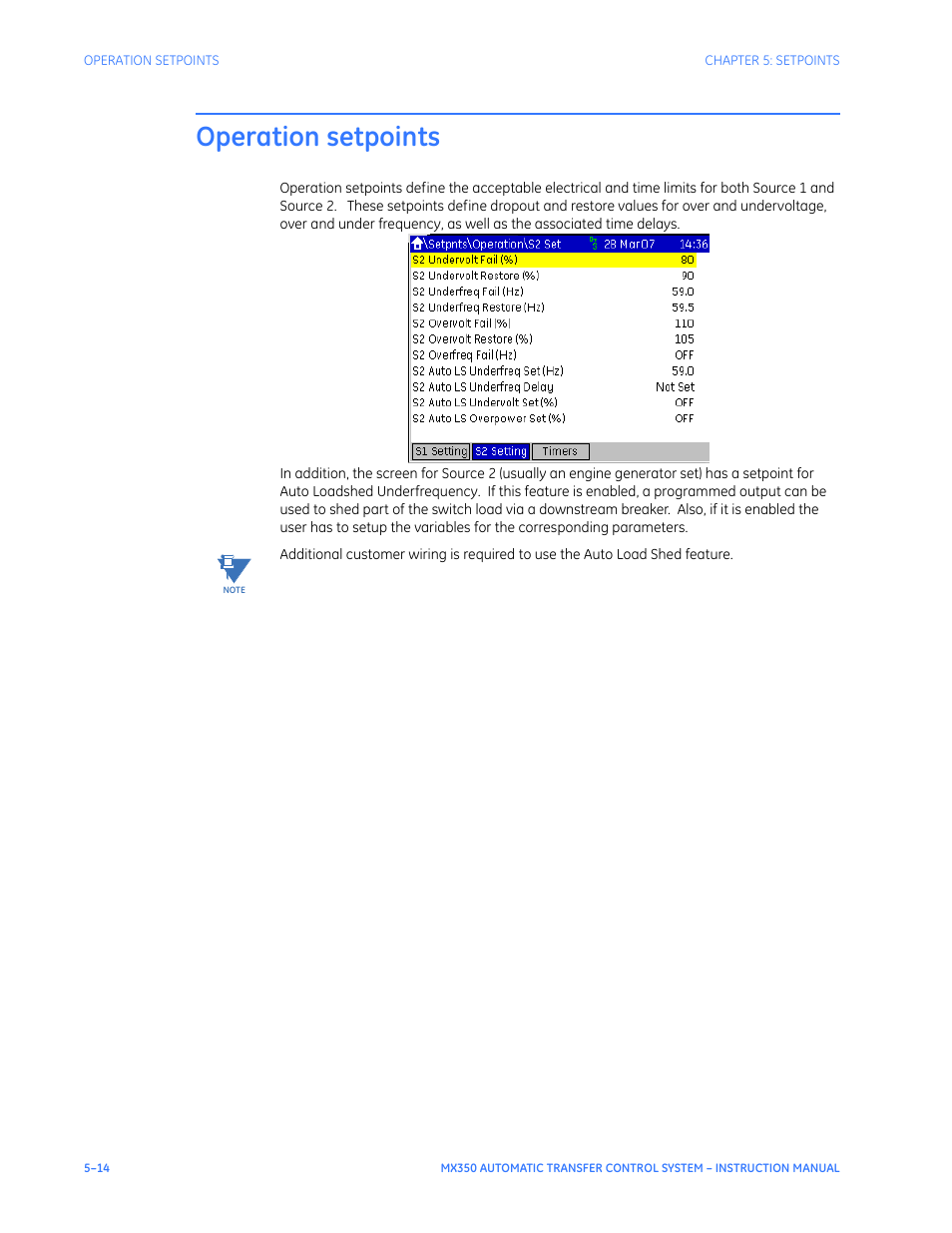 Operation setpoints, Operation setpoints - 14 | GE Industrial Solutions MX350 Instruction manual User Manual | Page 88 / 114