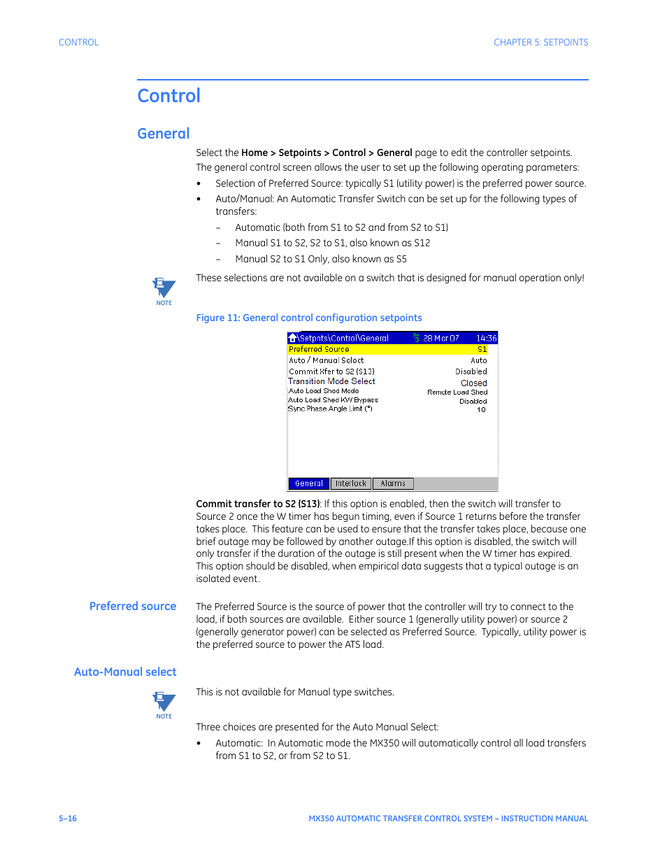 Control, General, Preferred source | Auto-manual select, Control - 16, General - 16 | GE Industrial Solutions MX350 Instruction manual User Manual | Page 90 / 114