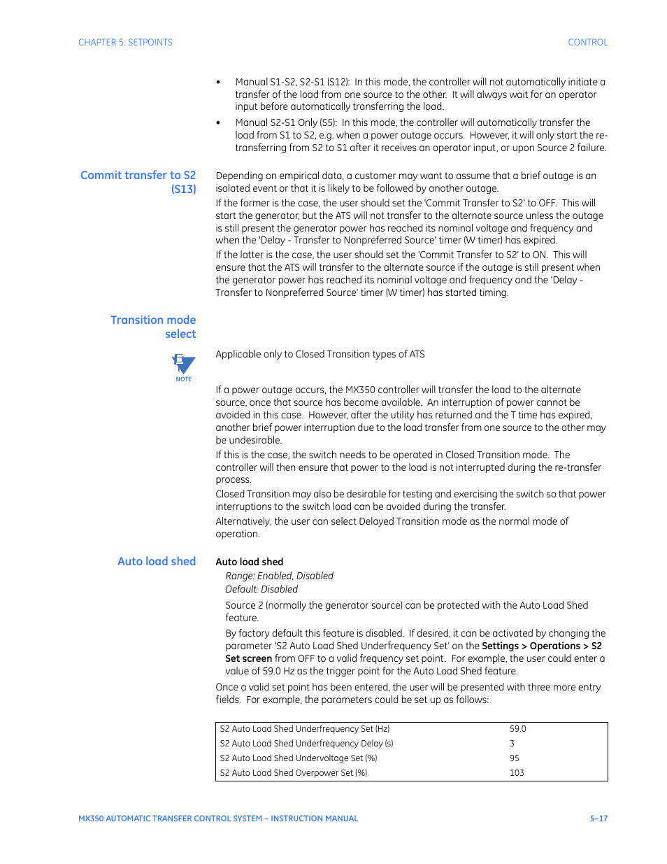 Commit transfer to s2 (s13), Transition mode select, Auto load shed | GE Industrial Solutions MX350 Instruction manual User Manual | Page 91 / 114