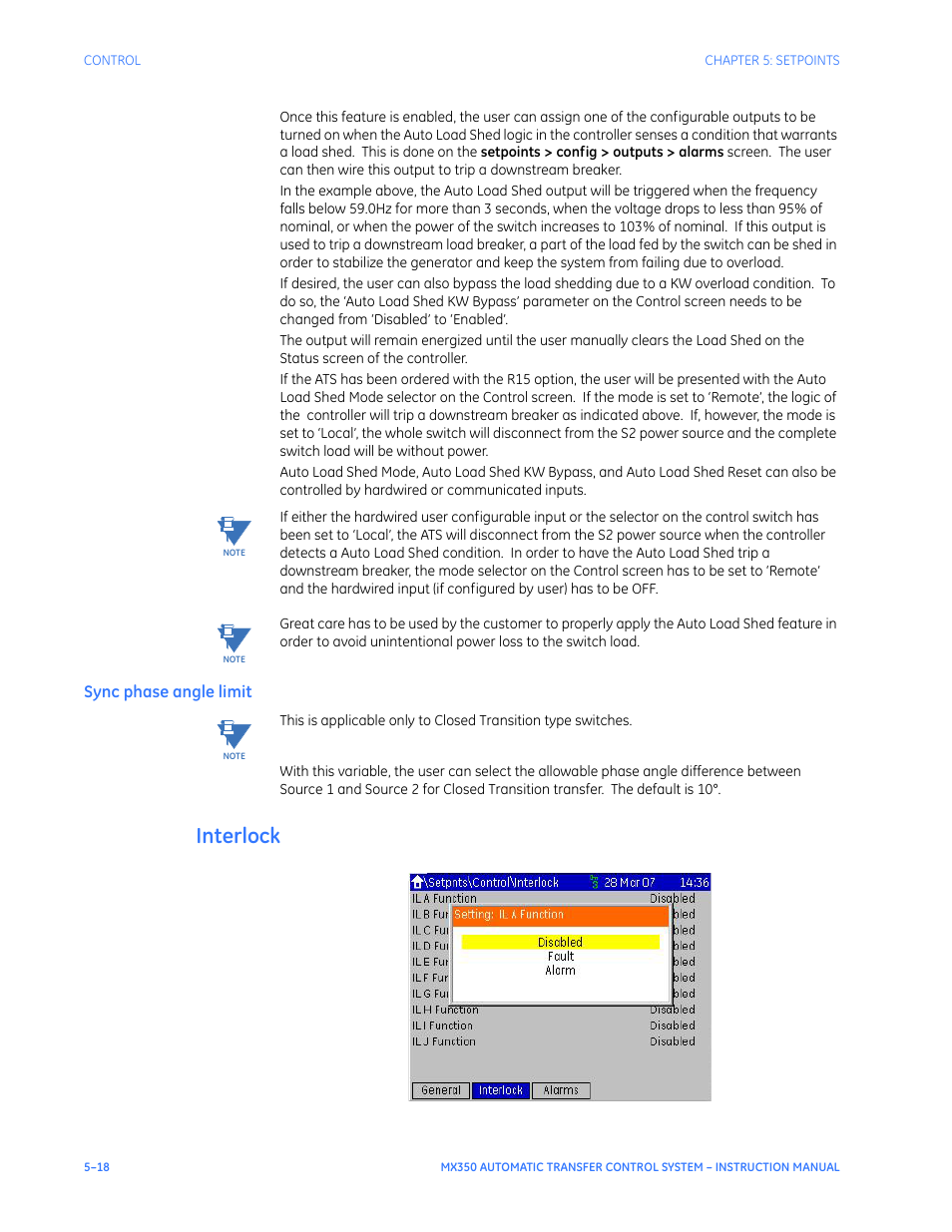 Sync phase angle limit, Interlock, Interlock - 18 | GE Industrial Solutions MX350 Instruction manual User Manual | Page 92 / 114